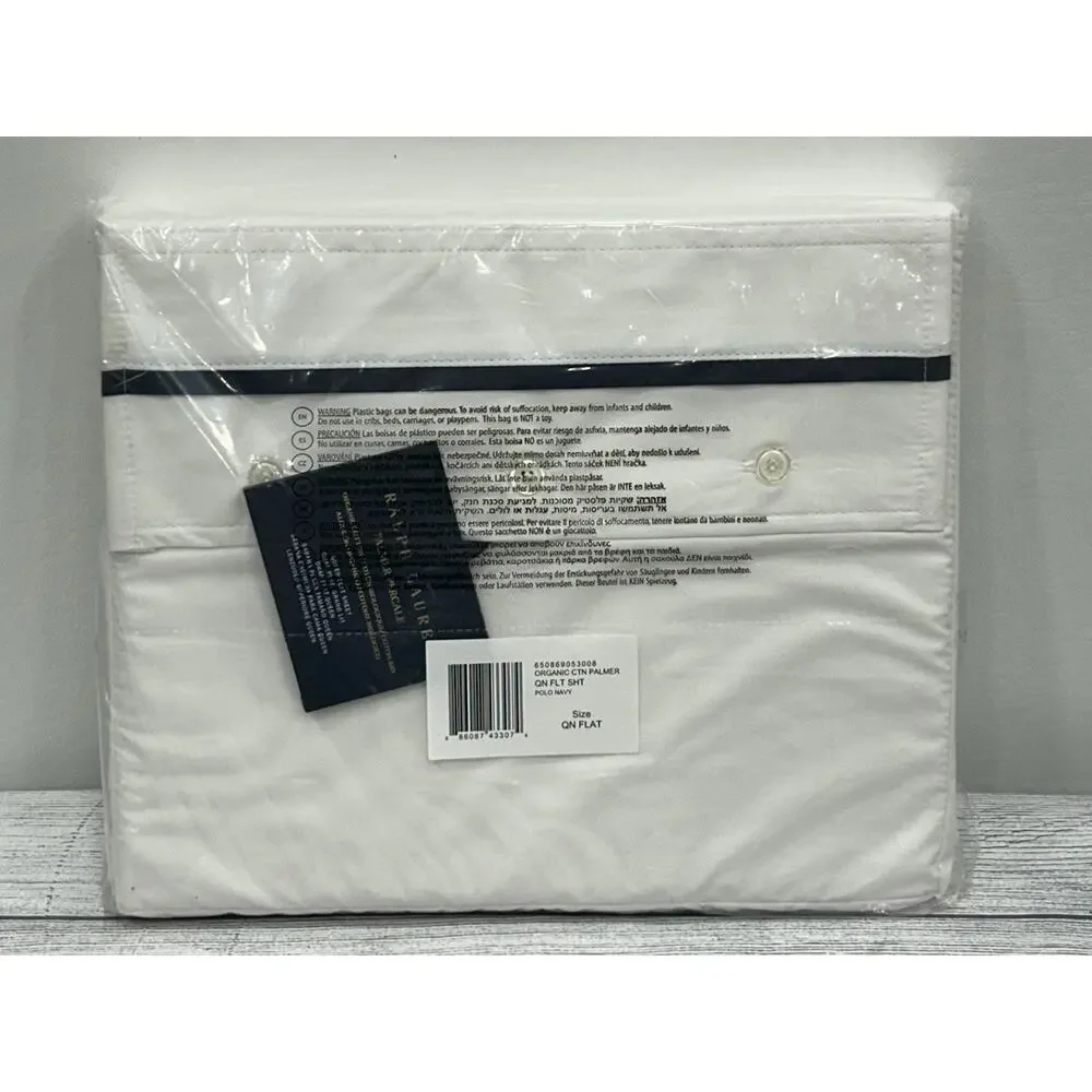 Ralph Lauren Palmer Percale‎ Queen Flat Sheet White Polo Navy NEW